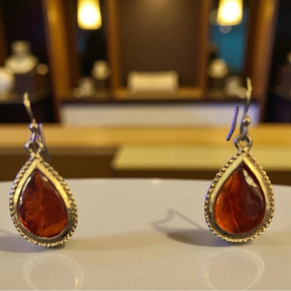 Orange Tear Drop Earrings Set in Goldtone on Fish Hook